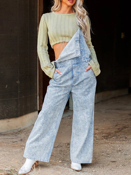 Vintage Washed Wide Leg Denim Overalls with Front Pockets - Tigbul's Variety Fashion Shop