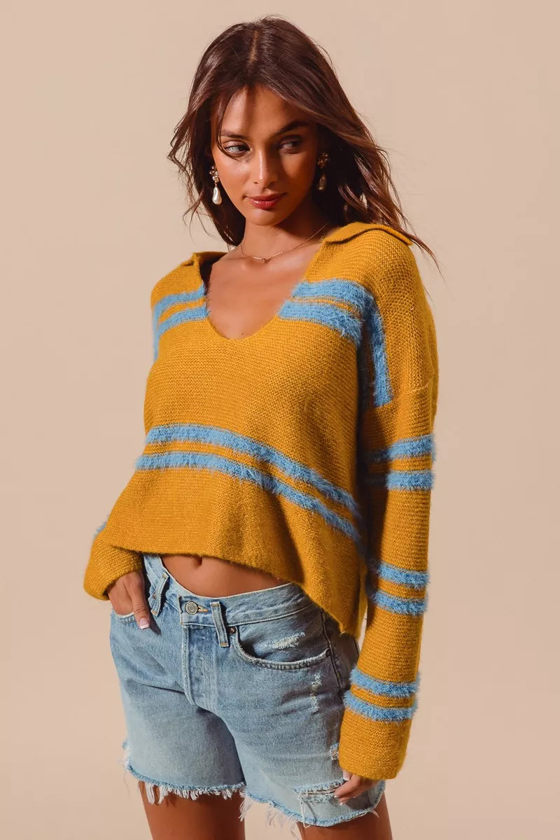 SO ME Fuzzy Hairy Stripe Deep U Neck Swetaer - Tigbul's Variety Fashion Shop