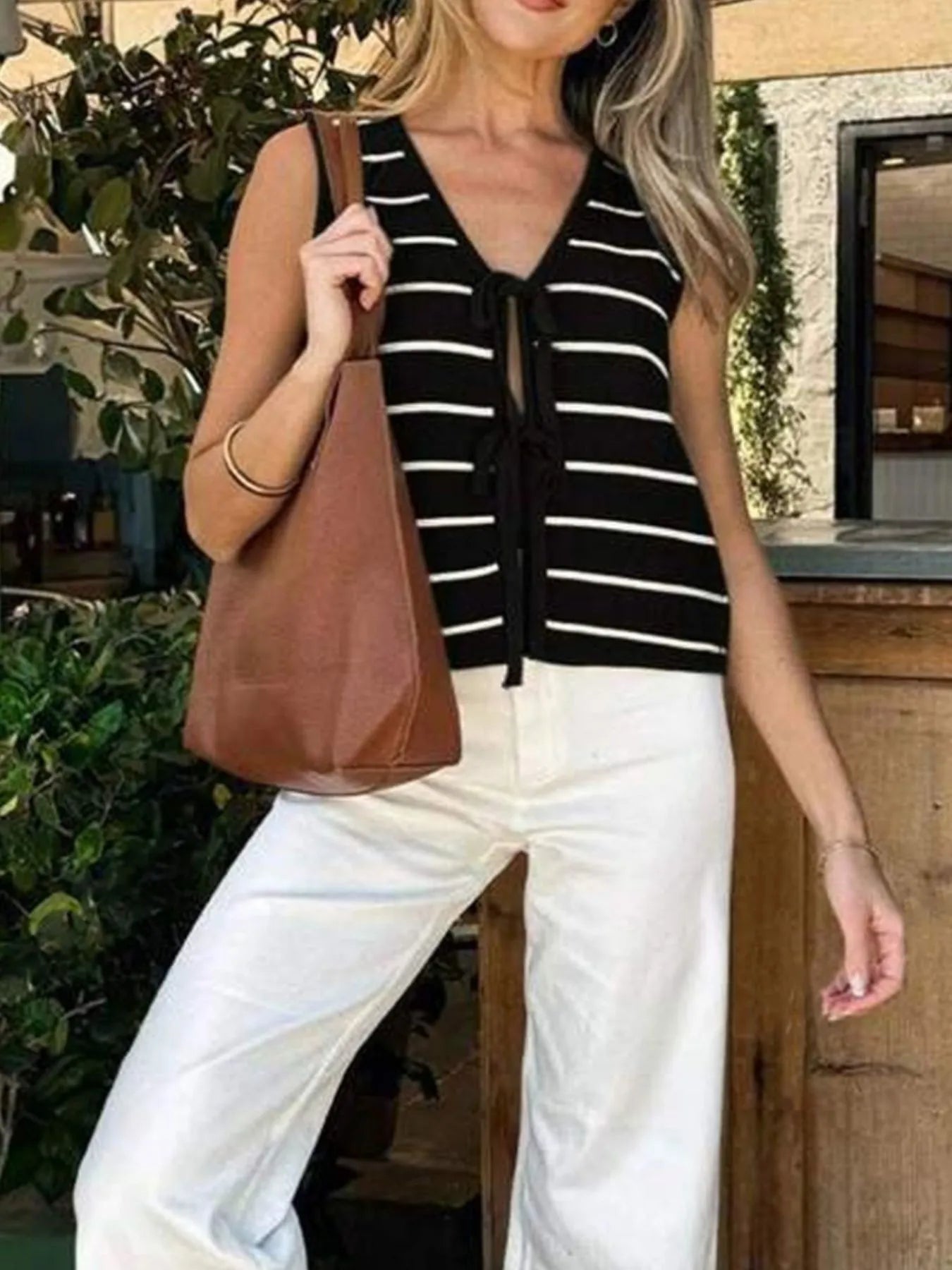 Tie Front Striped Sweater Vest - Tigbul's Variety Fashion Shop