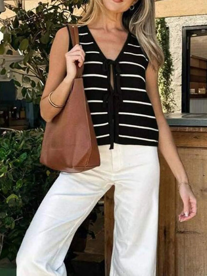 Tie Front Striped Sweater Vest - Tigbul's Variety Fashion Shop