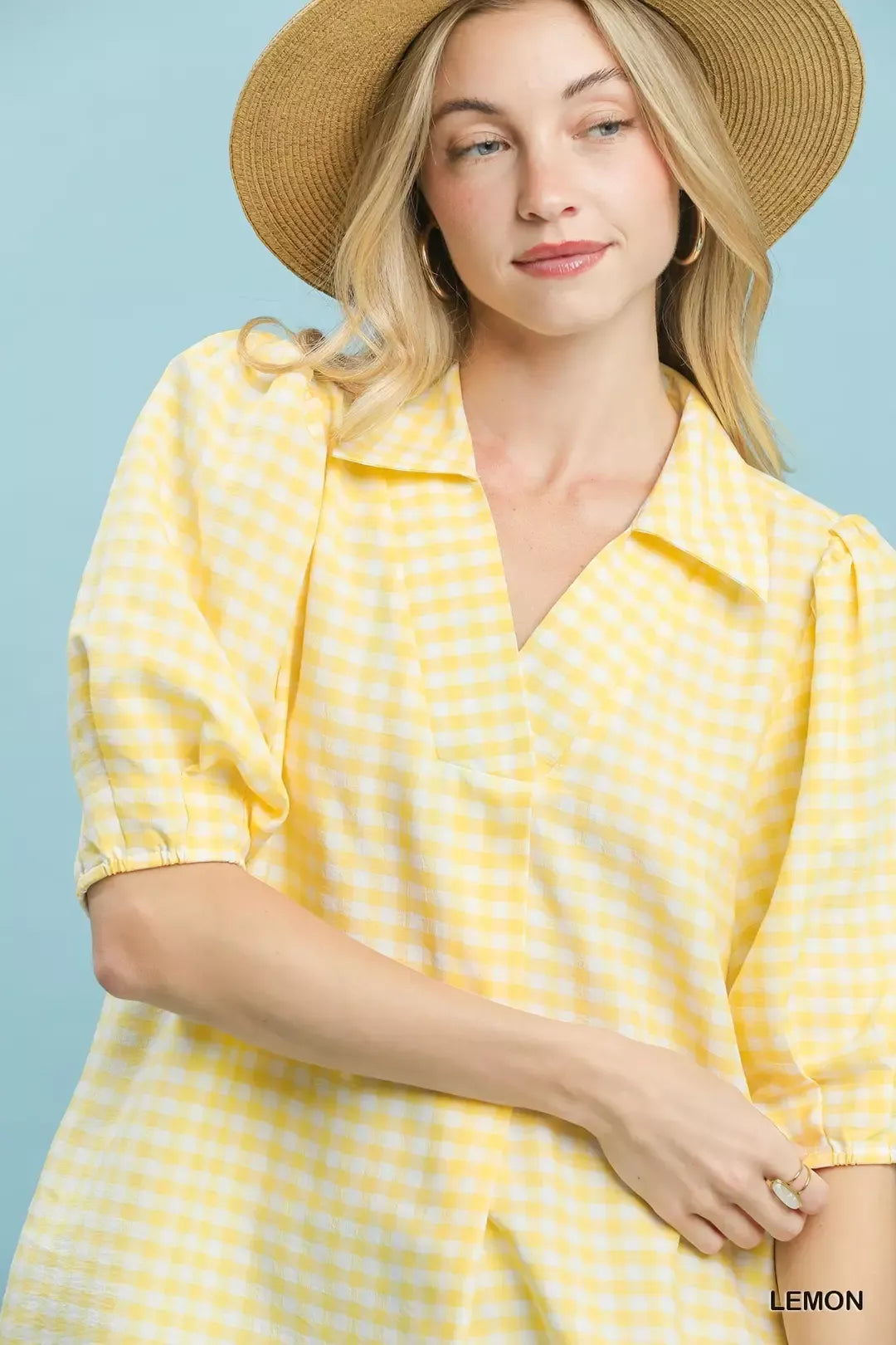 Umgee Gingham Puff Sleeve Collared Blouse - Tigbul's Variety Fashion Shop
