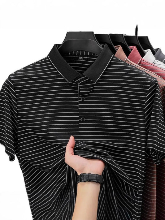 Men's Full Size Striped Button Detail Short Sleeve Polo Plus Size - Tigbul's Variety Fashion Shop
