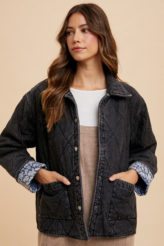 Annie Wear Quilted Printed Lining Snap Down Denim Jacket - Tigbul's Variety Fashion Shop