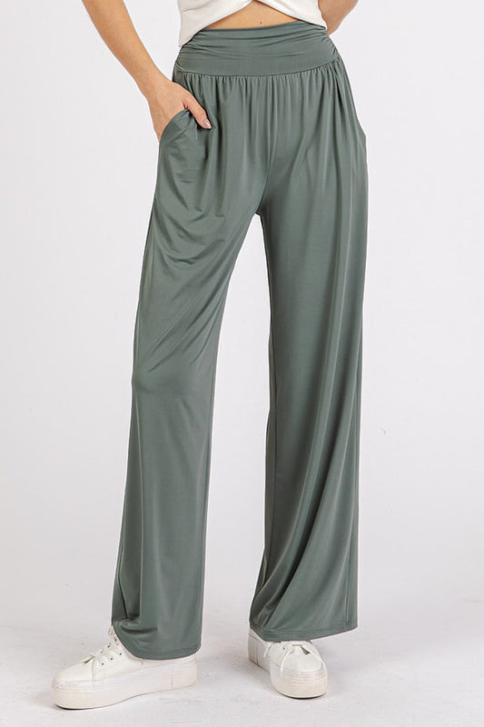 Mittoshop Stretch Banded Waist Wide Leg Pants with Pockets - Tigbul's Variety Fashion Shop