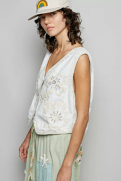 White Embroidered Floral V-Neck Button Down Crochet Vest | Tigbuls