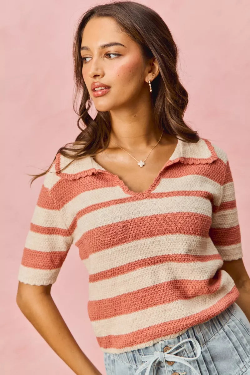 Pink Stripe Short Sleeve Cropped Sweater - Tigbul's Variety Fashion Shop