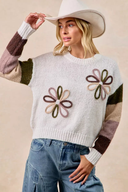 BiBi Flower Color Block Sweater - Tigbul's Variety Fashion Shop