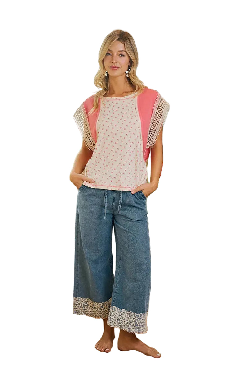 Washed Denim Elastic Waist Flower Lace Trim Pants | Tigbuls