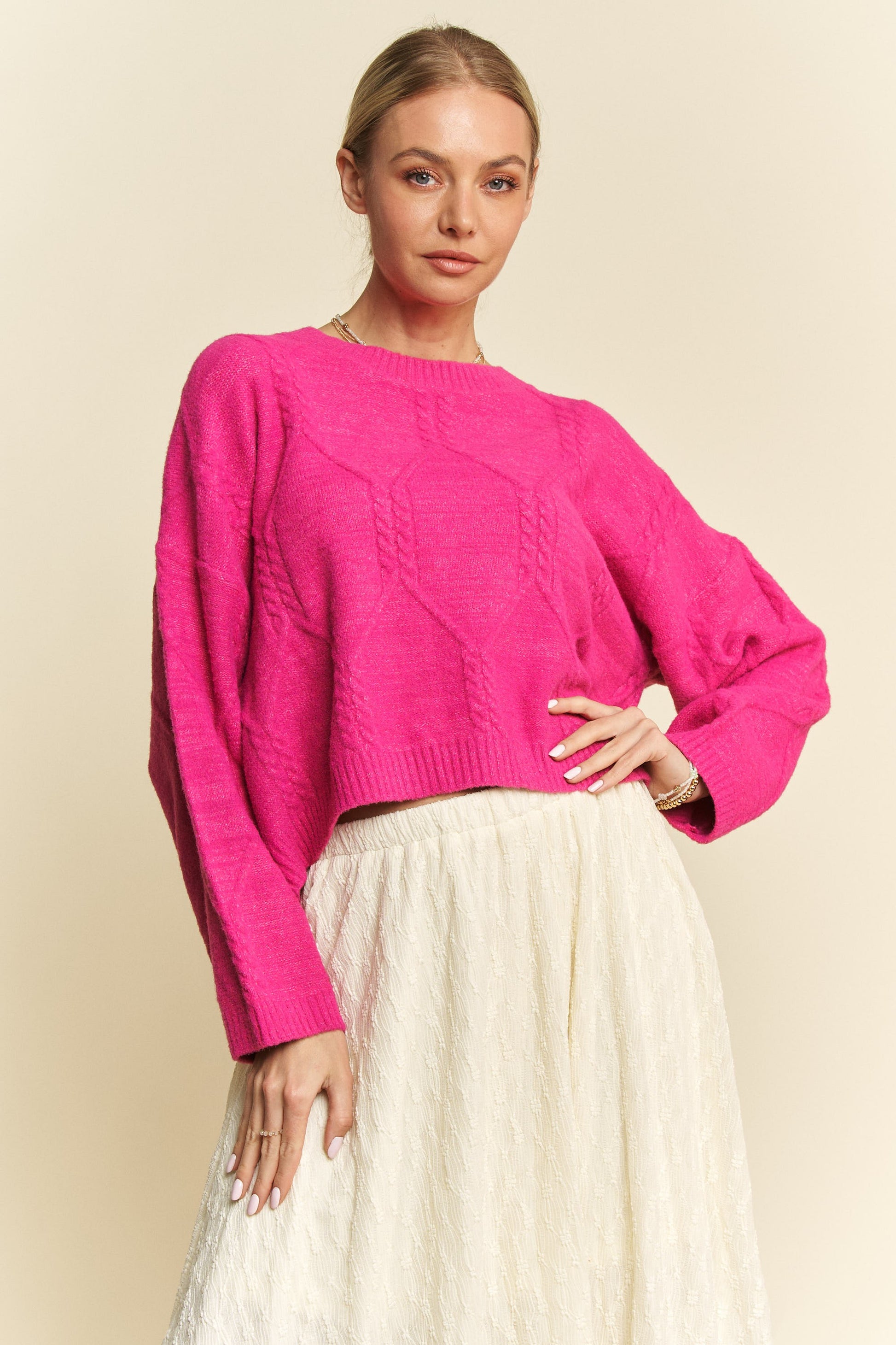 Davi & Dani Diamond Cable Pattern Drop Shoulder Sweater - Tigbul's Variety Fashion Shop