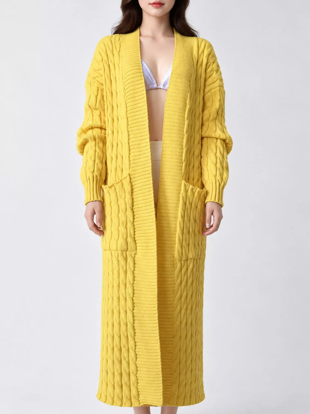 Elegant Cable-Knit Longline Open-Front Cardigan | Tigbuls Variety