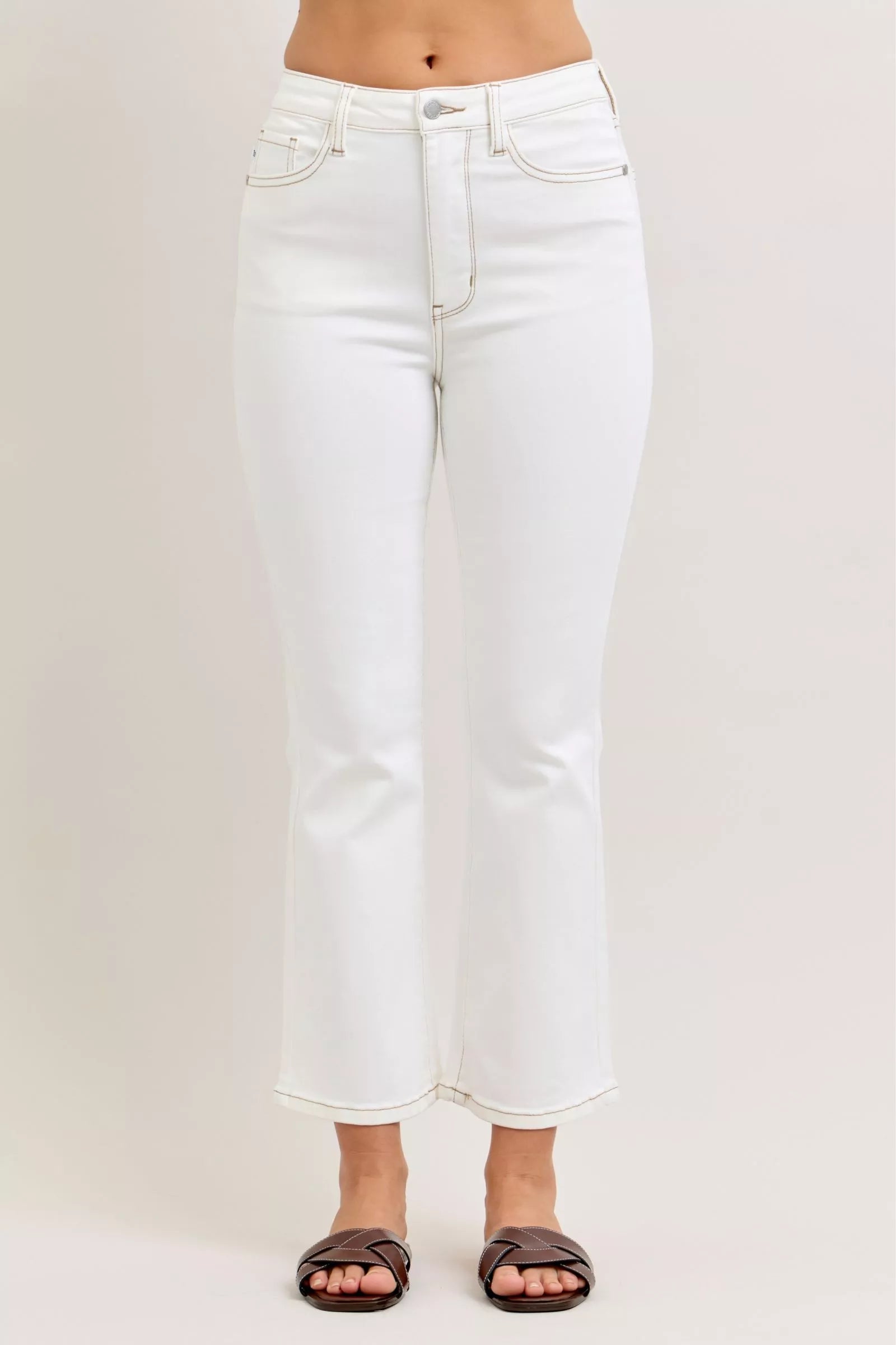 Judy Blue Contrast Stitching Cropped Flare White Jeans | Tigbuls