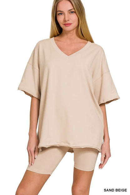 Zenana Cotton V-neck Top & Biker Shorts Set - Tigbul's Variety Fashion Shop