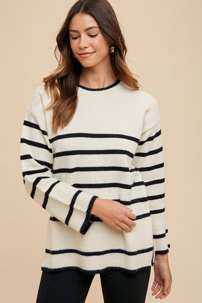 Ivory Side Slit Striped Round Neck Sweater - Tigbul's Variety Fashion Shop