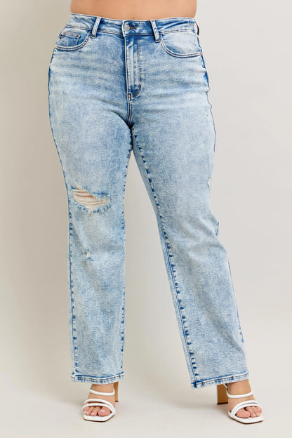Judy Blue High Waist Mineral Wash Distressed 90's Straight Jeans - Tigbul's Variety Fashion Shop