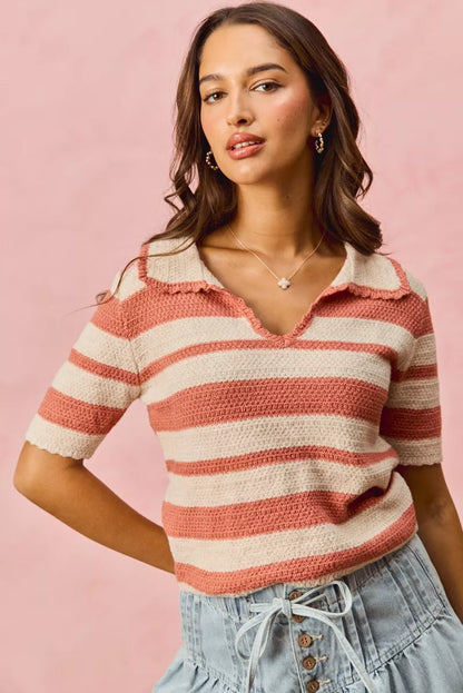 Pink Stripe Short Sleeve Cropped Sweater - Tigbul's Variety Fashion Shop