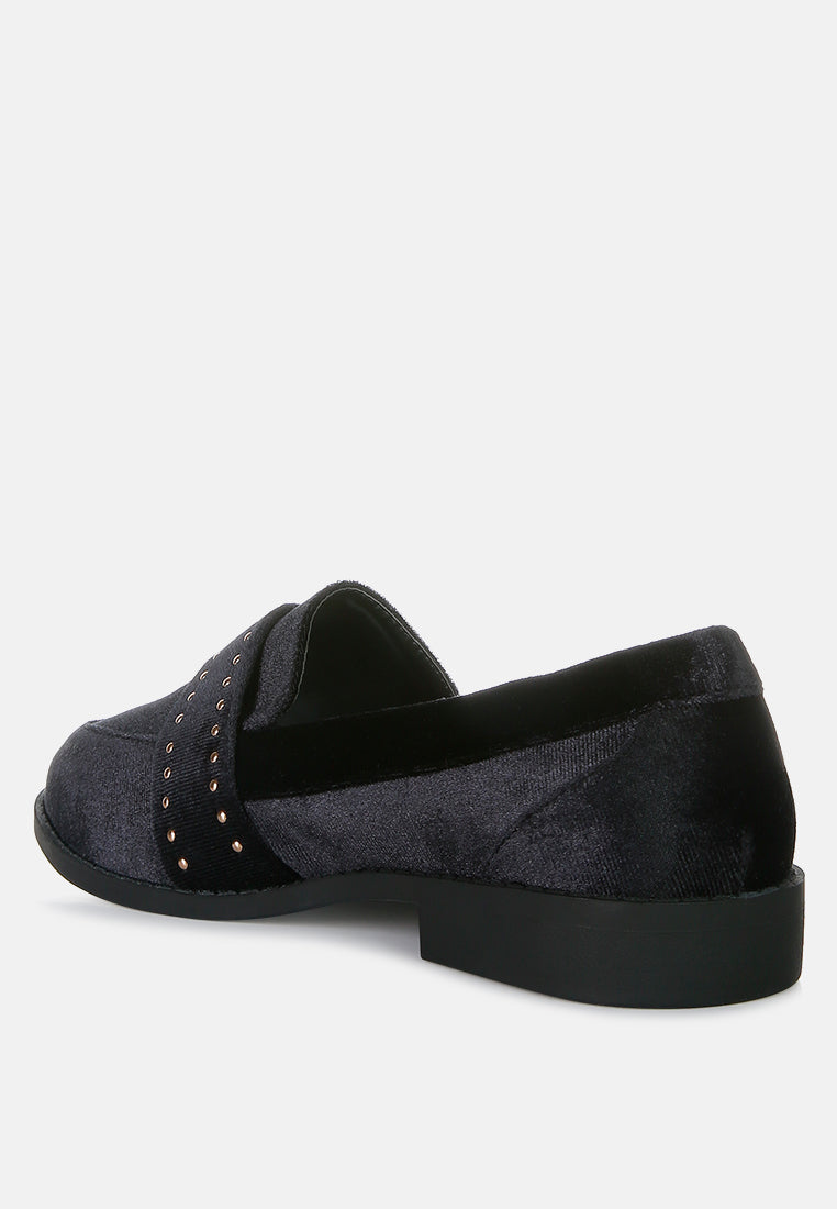 Black velvet loafers, side view with studded strap and low block heel