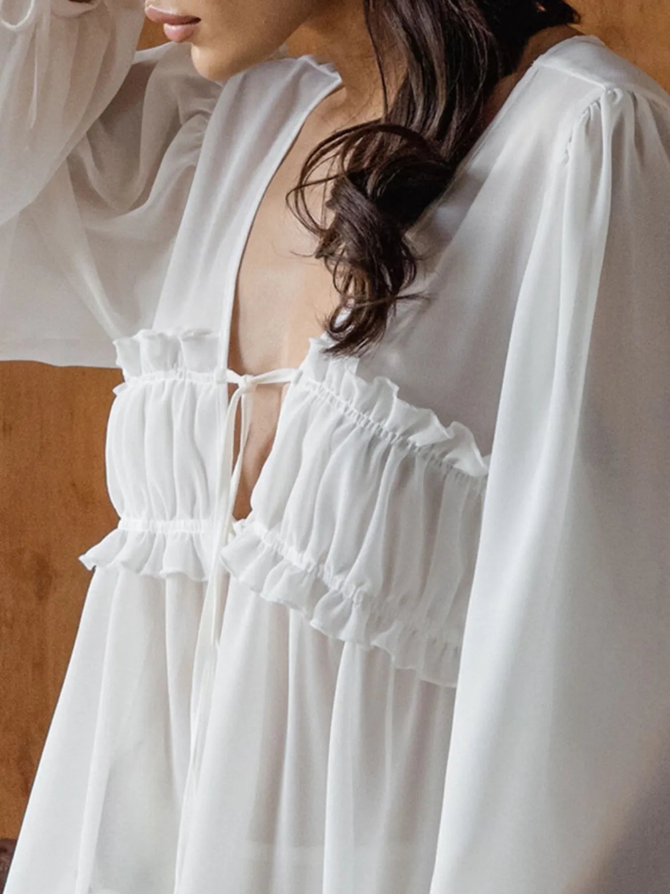 Ruffled Tie Front Long Sleeve Blouse - Tigbul's Variety Fashion Shop