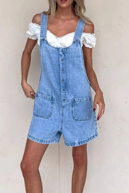 Button Front Denim Overall Shorts with Front Pockets - Tigbul's Variety Fashion Shop