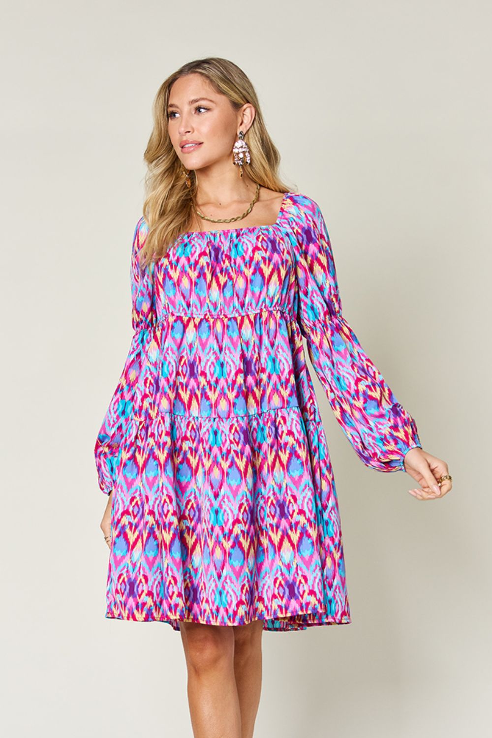 Double Take Full Size Printed Long Sleeve Dress - Tigbul's Variety Fashion Shop