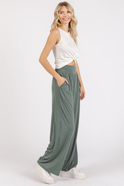 Mittoshop Stretch Banded Waist Wide Leg Pants with Pockets - Tigbul's Variety Fashion Shop