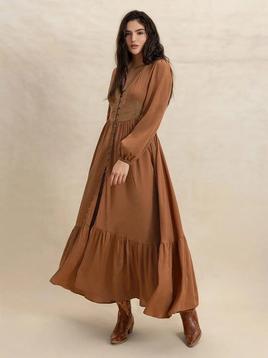 Brown Ruffled Hem V-Neck Balloon Sleeve Maxi Dress - Tigbul's Variety Fashion Shop