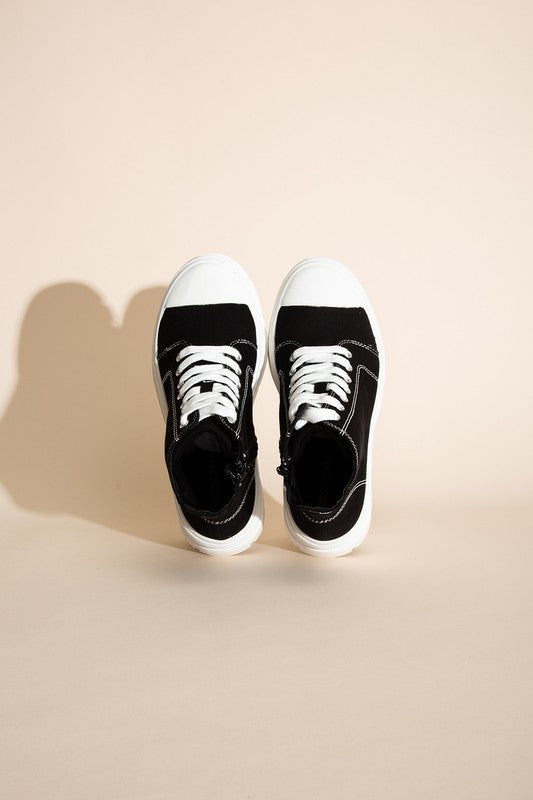 Black and White Canvas Lace Up High-Top Chunky Sneakers - Tigbuls Variety Fashion