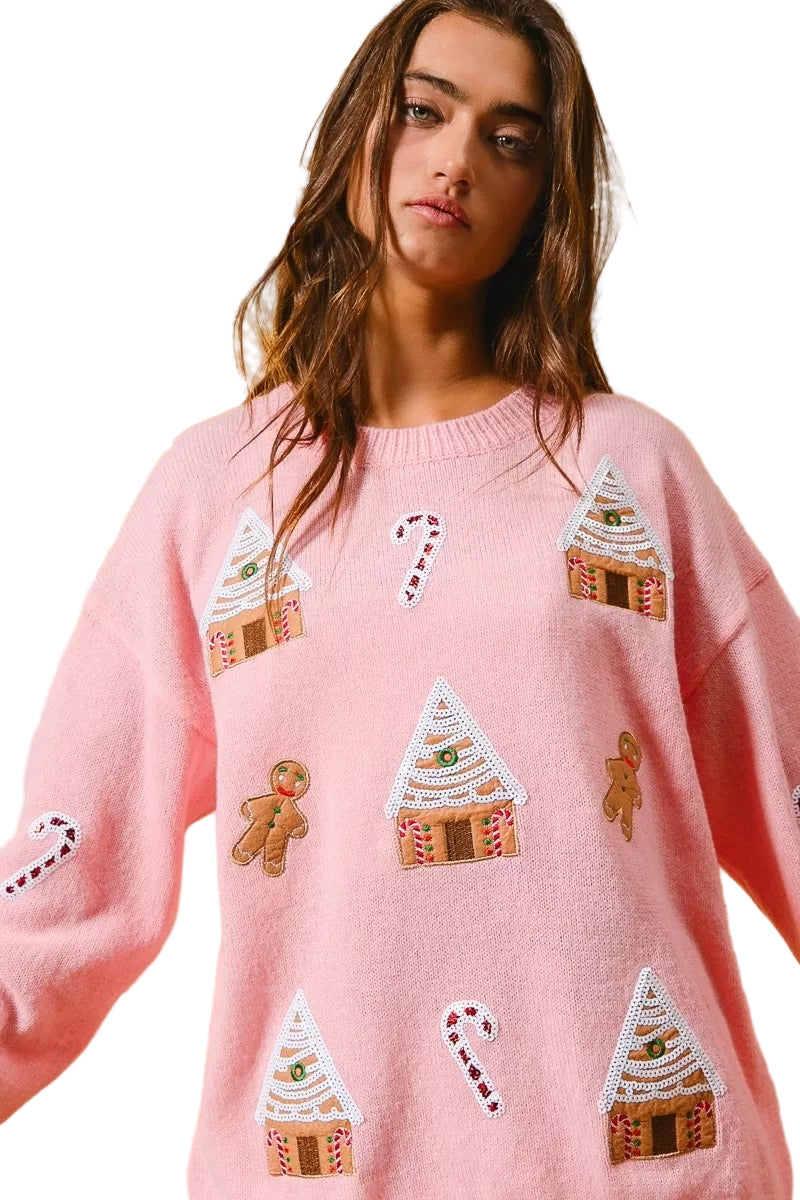 Light Pink Christmas Theme Patches Sweater | Tigbuls