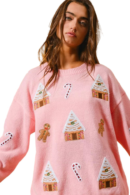 Light Pink Christmas Theme Patches Sweater | Tigbuls