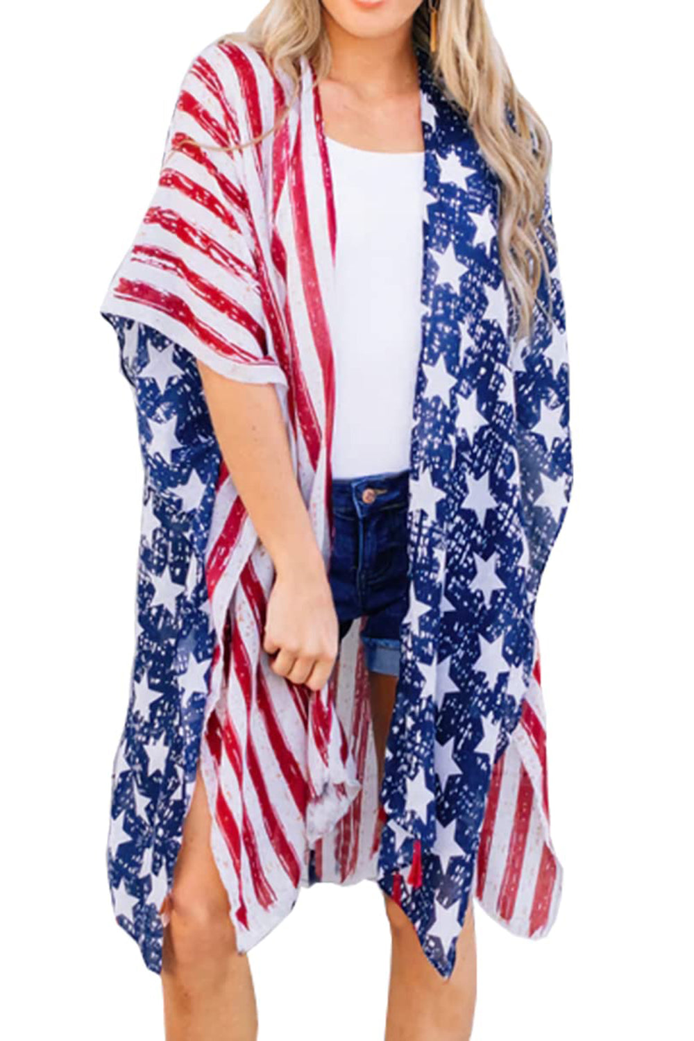 Full Size Star & Stripes Open Front Cover Up - Tigbuls Variety Fashion