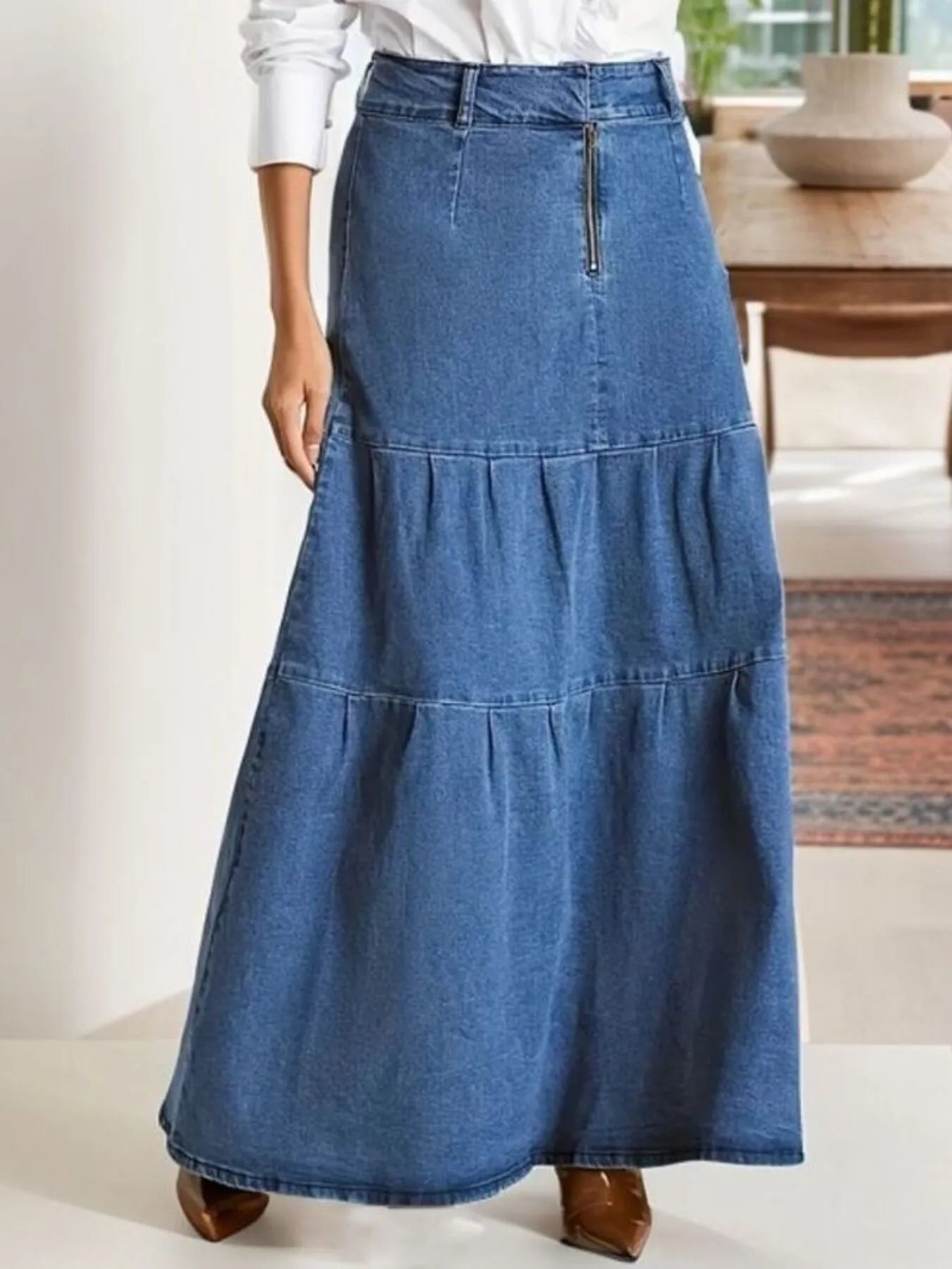Tiered Maxi Denim Skirt with Zipper Detail - Tigbul's Variety Fashion Shop