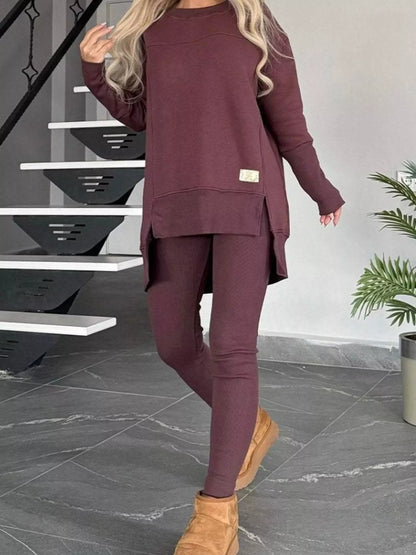 Full Size Slit Round Neck Top and Pants Set Plus Size - Tigbul's Variety Fashion Shop