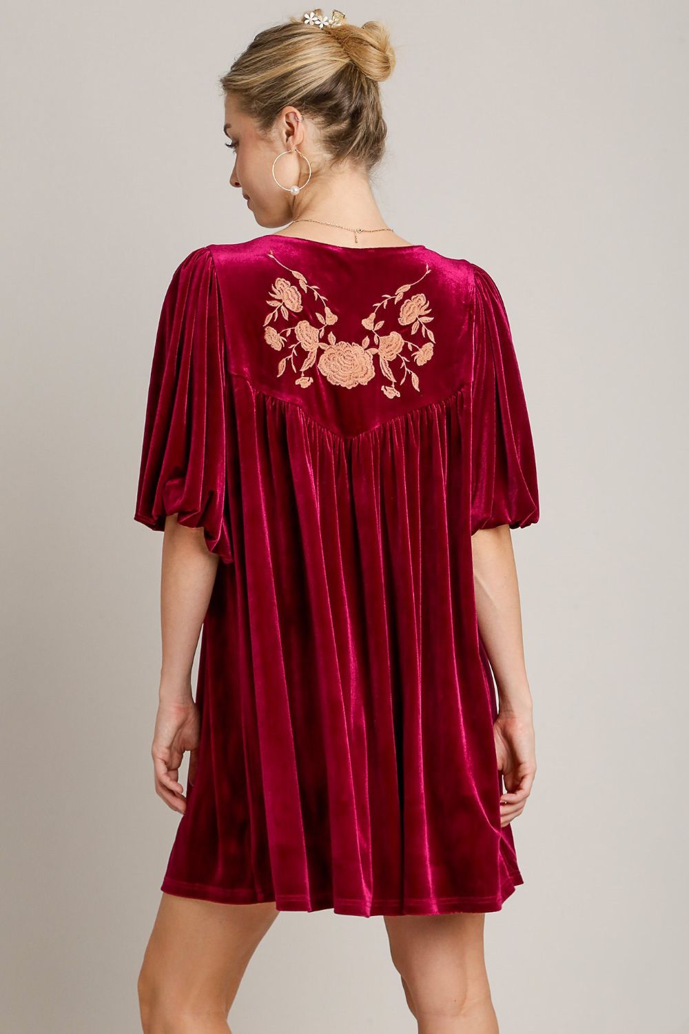 Umgee Embroidered Half Sleeve Velvet Mini Dress with Tassel - Tigbul's Variety Fashion Shop