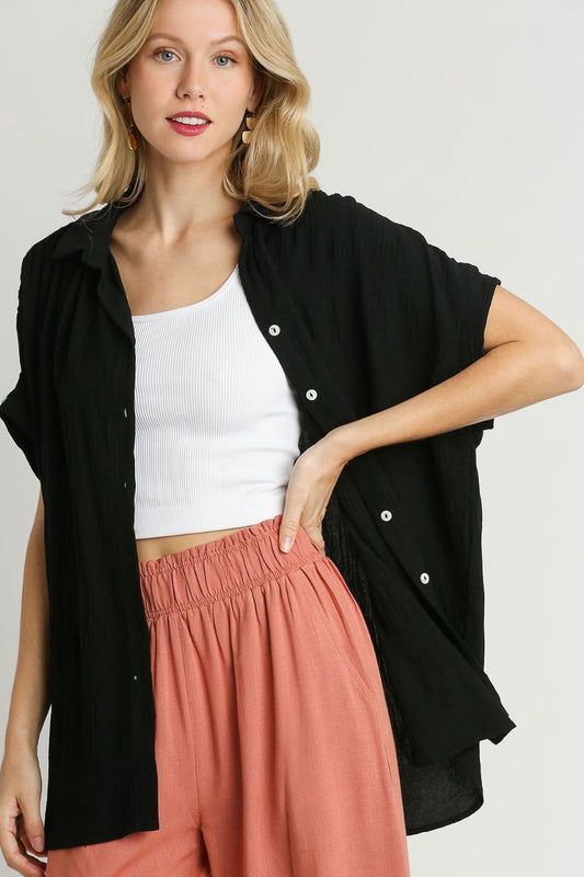 Black Textured Button Down Short Sleeve Shirt - Tigbul's Variety Fashion Shop