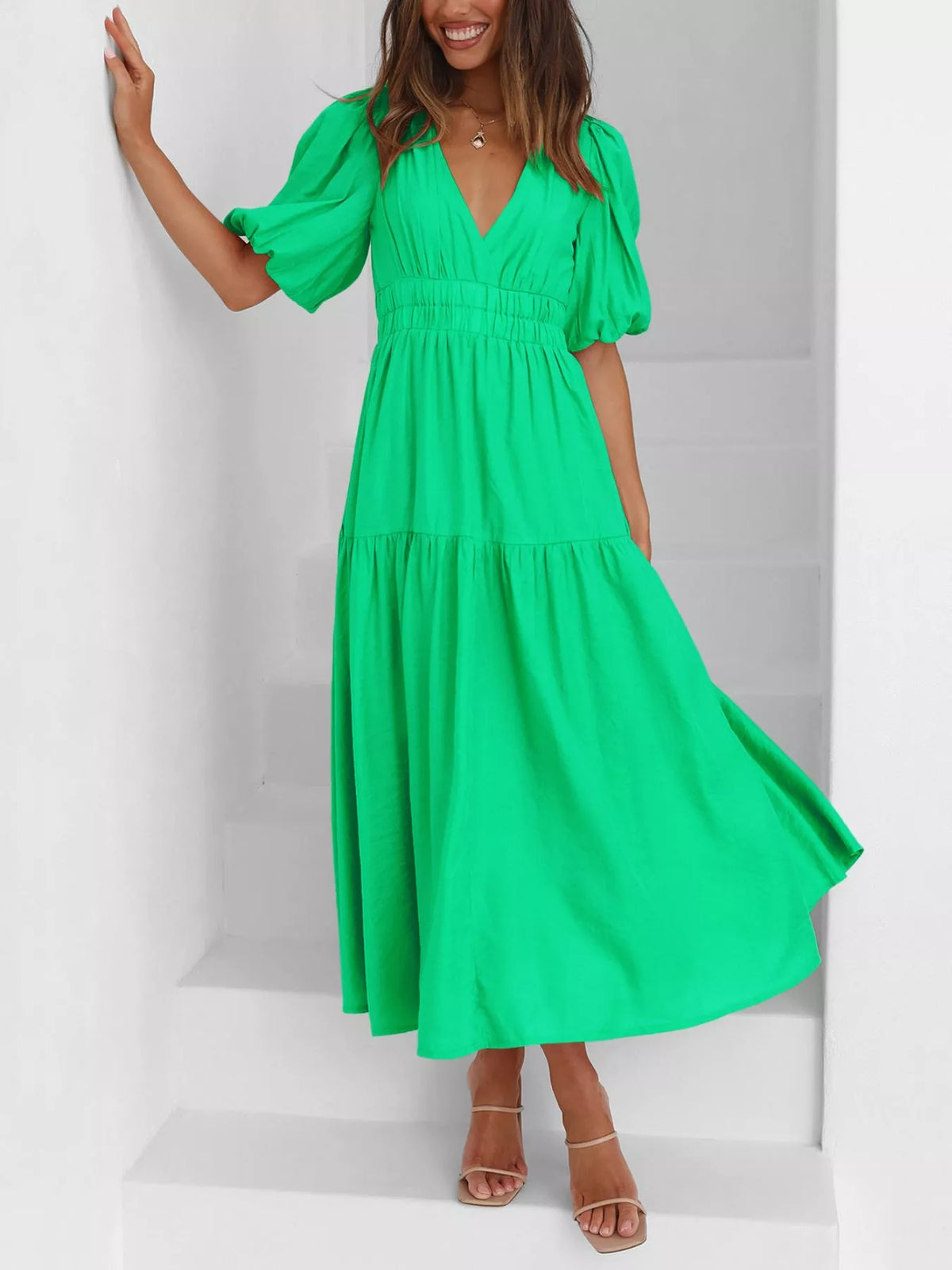Elegant Puff Sleeve V-Neck Midi Dress | Tigbuls Variety Fashion Shop
