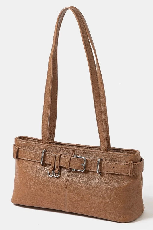 Fame Belt Strap Textured Faux Leather Shoulder Bag - Tigbul's Variety Fashion Shop