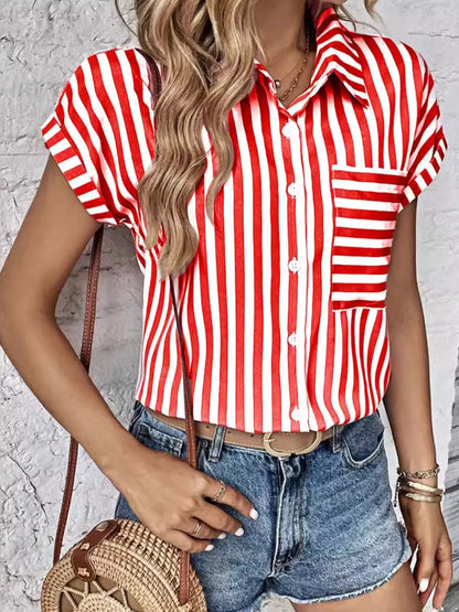 Striped Button-Up Short Sleeve Shirt with Pocket - Tigbul's Variety Fashion Shop