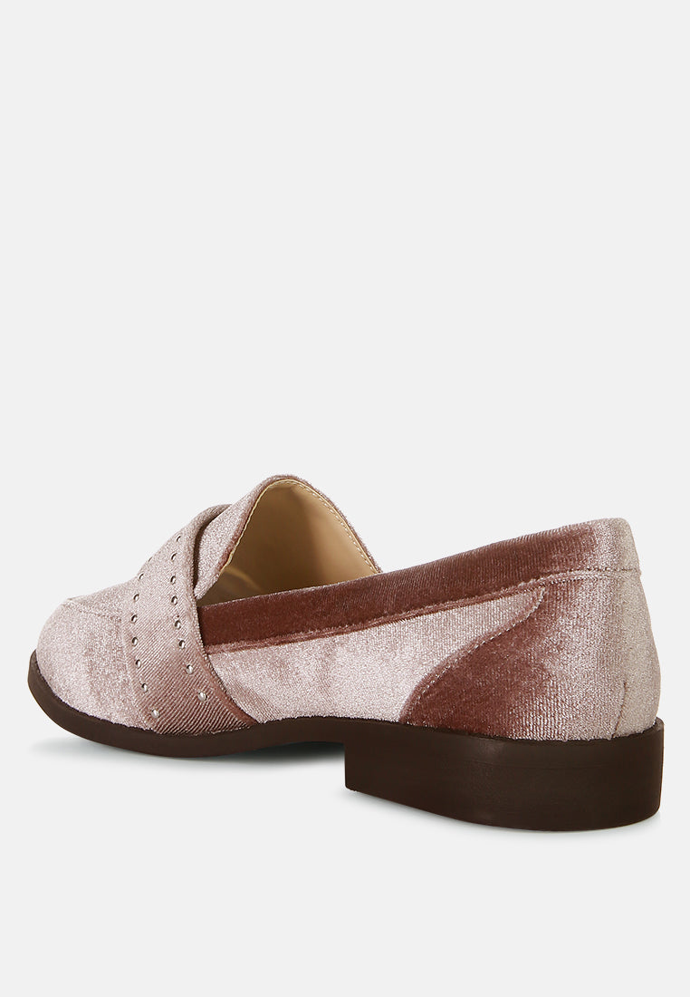 Taupe velvet loafer, side profile with studded strap and block heel