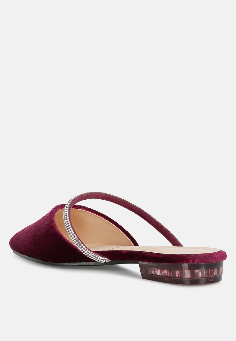 Burgundy velvet flat mules, pointed toe, diamante strap and block heel