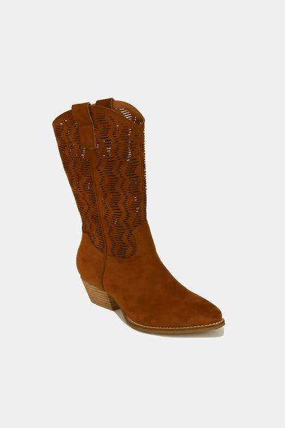 Brown Faux Suede Laser Cut Detail Block Heel Boots - Tigbul's Variety Fashion Shop