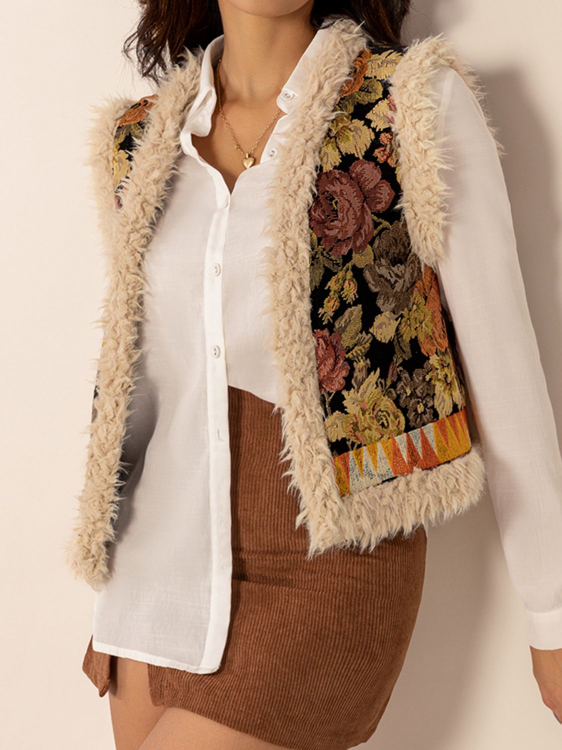 Embroidered Fuzzy Trim Open Front Vest Coat - Tigbul's Variety Fashion Shop