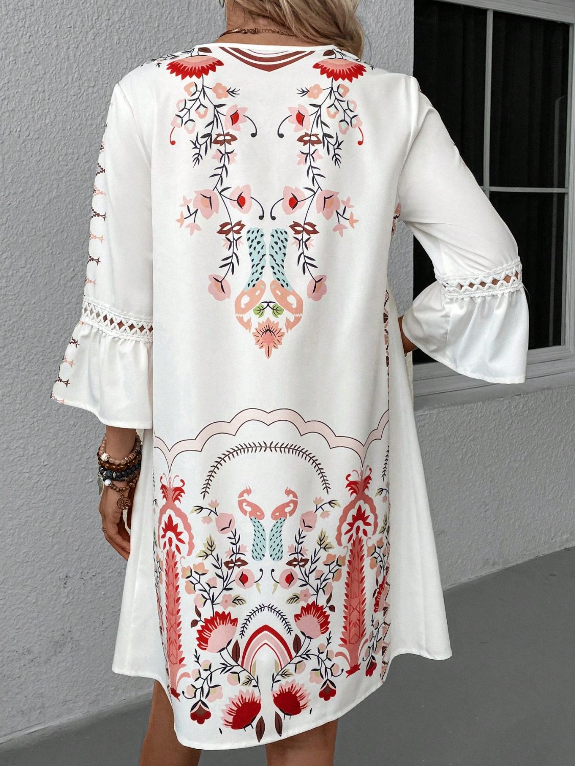 Lace Detail Printed Three-Quarter Sleeve Dress - Tigbul's Variety Fashion Shop