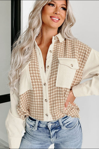 Beige Houndstooth Button Up Long Sleeve Jacket - Tigbul's Variety Fashion Shop