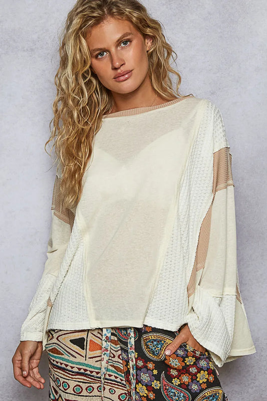 POL Contrast Round Neck Long Sleeve T-Shirt - Tigbul's Variety Fashion Shop