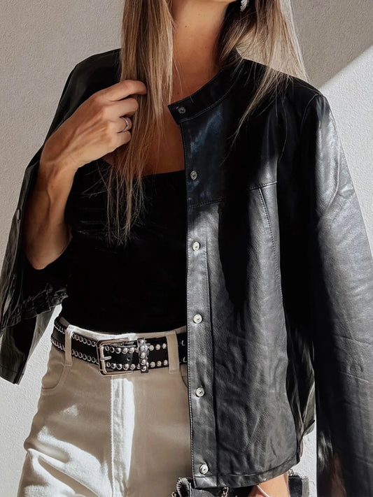 Faux Leather Buttoned Front Boxy Jacket - Tigbul's Variety Fashion Shop