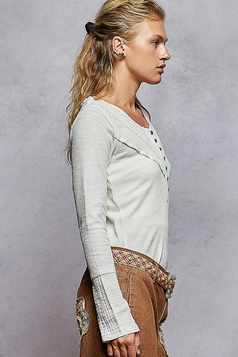 POL Ribbed Half Button Lace Detail Knit Top - Tigbul's Variety Fashion Shop