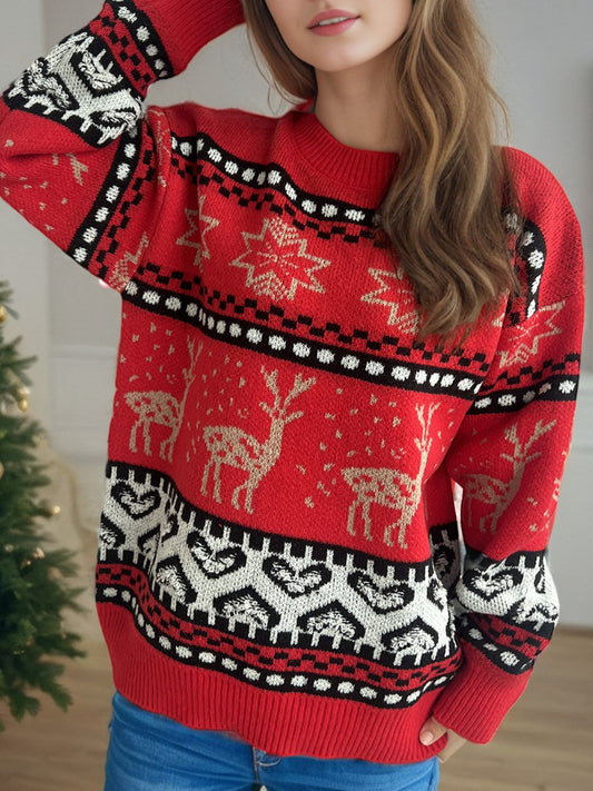 Christmas Element Round Neck Long Sleeve Sweater - Tigbul's Variety Fashion Shop