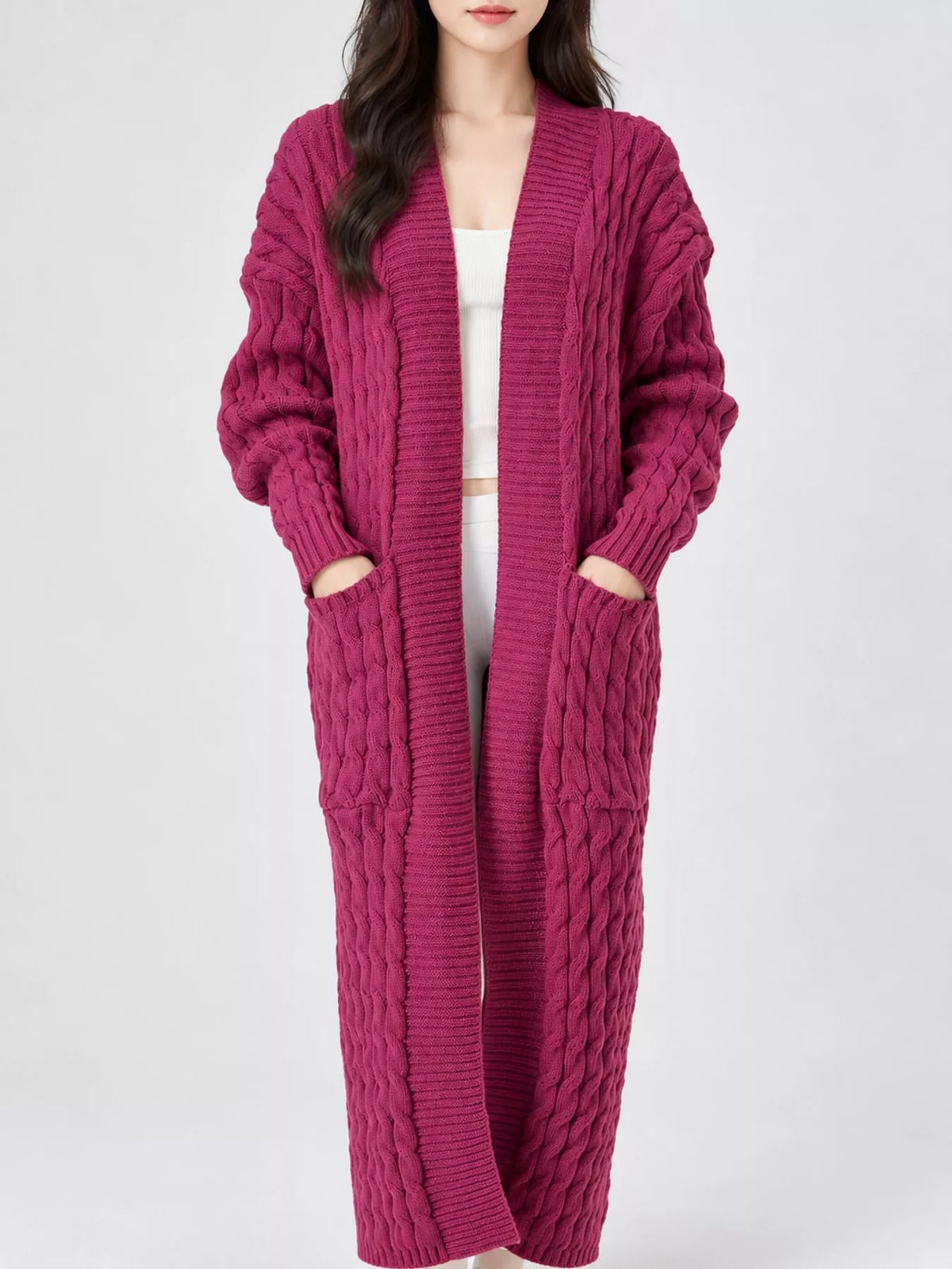 Elegant Cable-Knit Longline Open-Front Cardigan | Tigbuls Variety