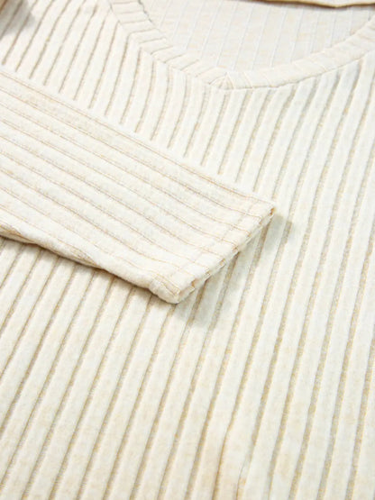 Ribbed Knit V-Neck Top and Pants Lounge Set - Tigbul's Variety Fashion Shop
