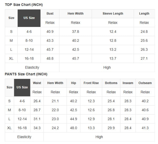 Size chart for polo tee & drawstring pants: S–XL measurements (inches)