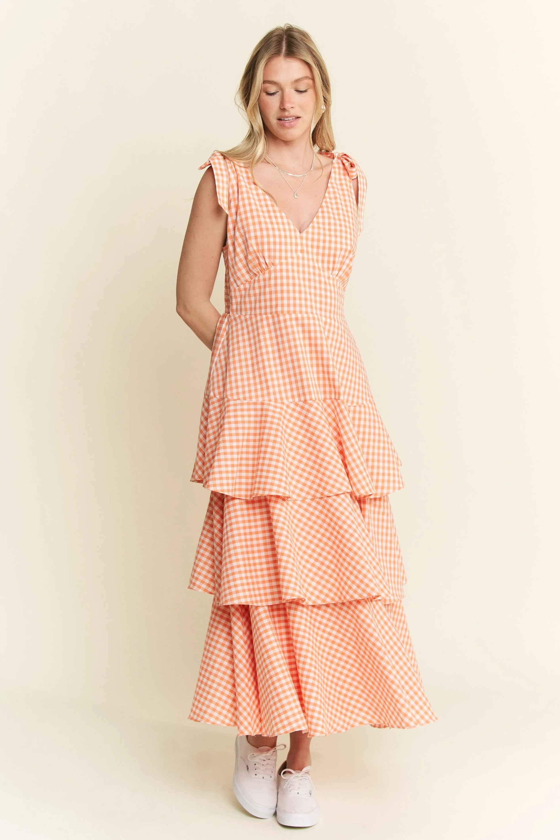 Orange Sleeveless Gingham Print Tiered Midi Dress - Tigbul's Variety Fashion Shop